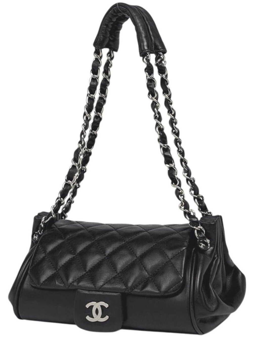 Chanel CC Logo Chain Shoulder Bag Quilted Leather Black